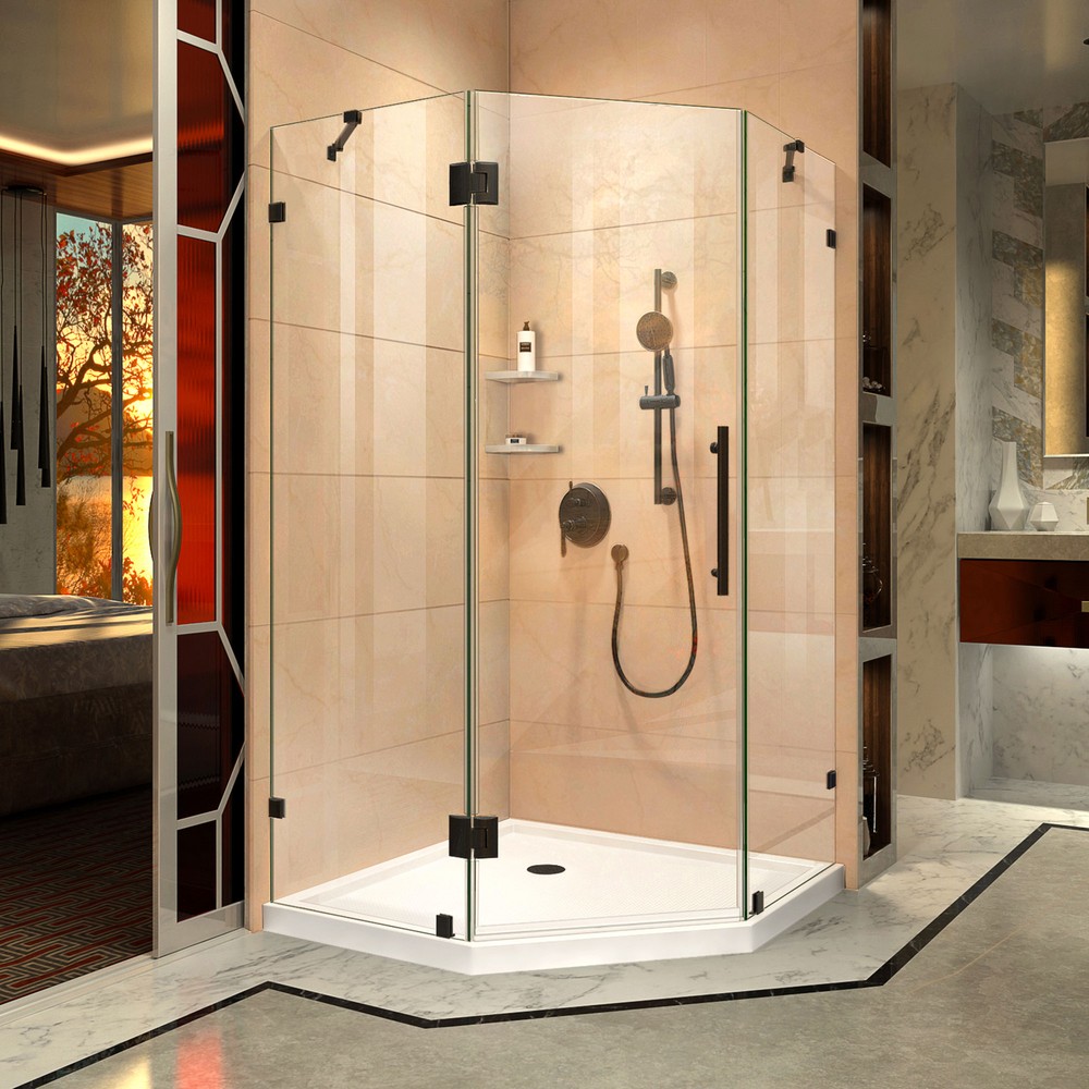 PrismLux 34-5/16" x 34-5/16" Frameless Hinged Shower Enclosure, Clear 3/8" Glass Shower, Brushed Nickel