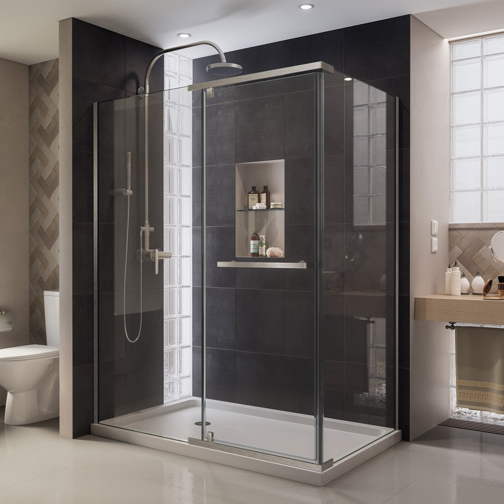 Quatra 34 5/16" by 46 5/16" Frameless Pivot Shower Enclosure, Clear 3/8" Glass Shower, Chrome