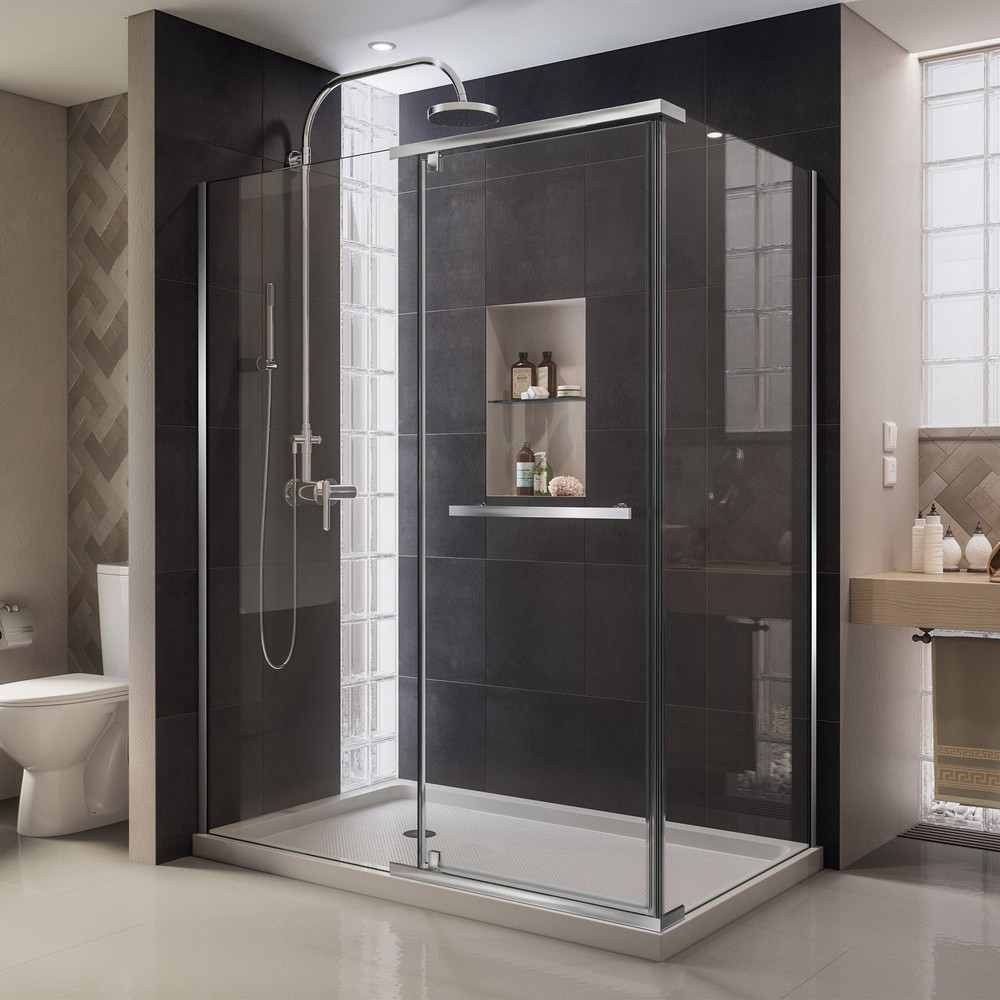 Quatra 34 5/16" by 46 5/16" Frameless Pivot Shower Enclosure, Clear 3/8" Glass Shower, Brushed Nickel