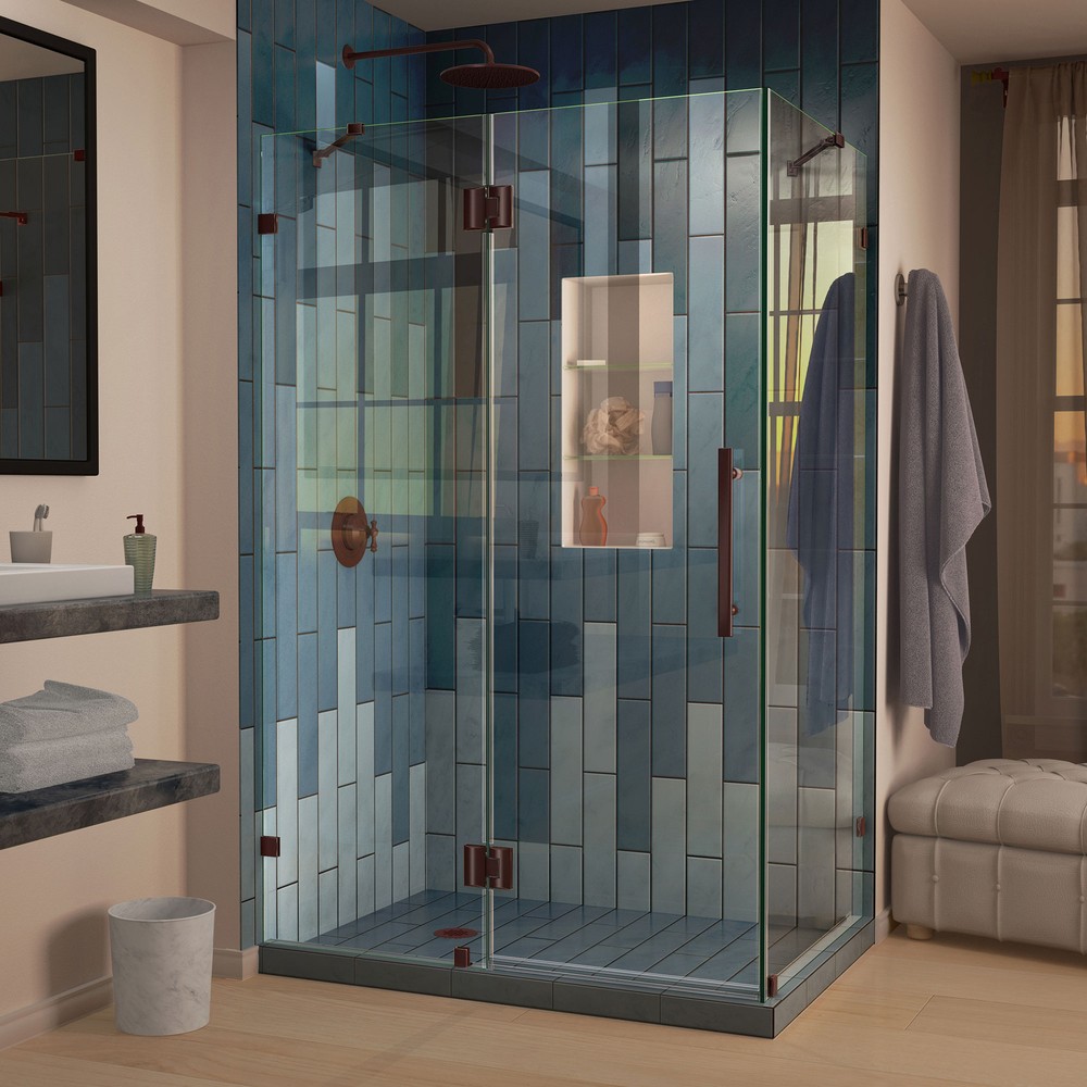 QuatraLux 34 5/16" by 46 5/16" Frameless Hinged Shower Enclosure, Clear 3/8" Glass Shower, Brushed Nickel