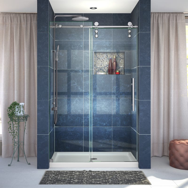 Enigma-Z 44 to 48" Fully Frameless Sliding Shower Door, Clear 3/8" Glass Door, Brushed Stainless Steel Finish