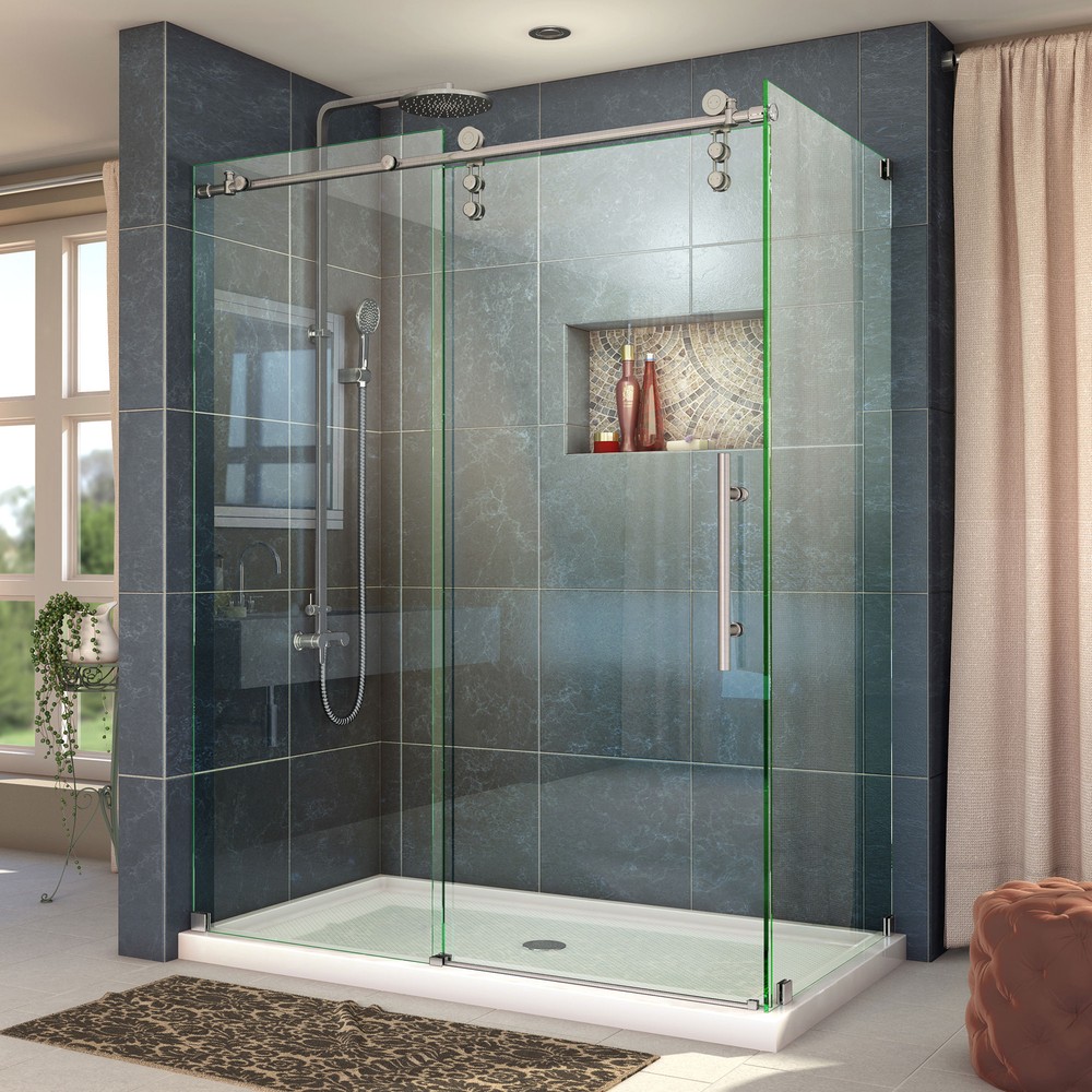 Enigma-Z 56 to 60" Fully Frameless Sliding Shower Door, Clear 3/8" Glass Door, Polished Stainless Steel Finish