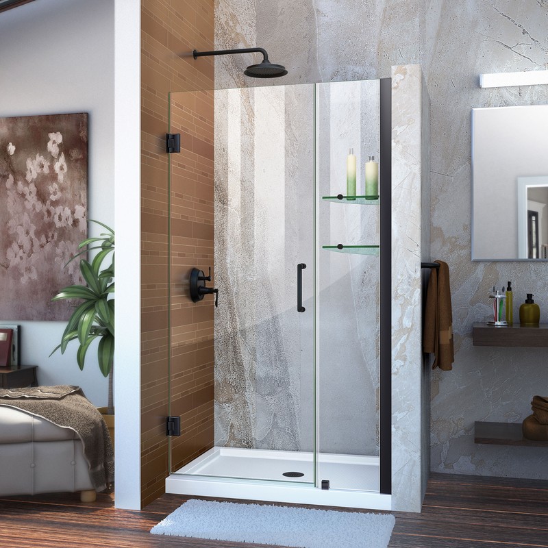 Unidoor 47 to 48" Frameless Hinged Shower Door, Clear 3/8" Glass Door, Oil Rubbed Bronze