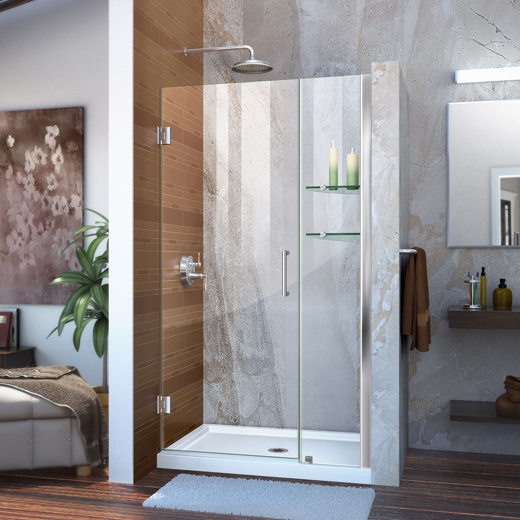 Unidoor 35 to 36" Frameless Hinged Shower Door, Clear 3/8" Glass Door, Chrome