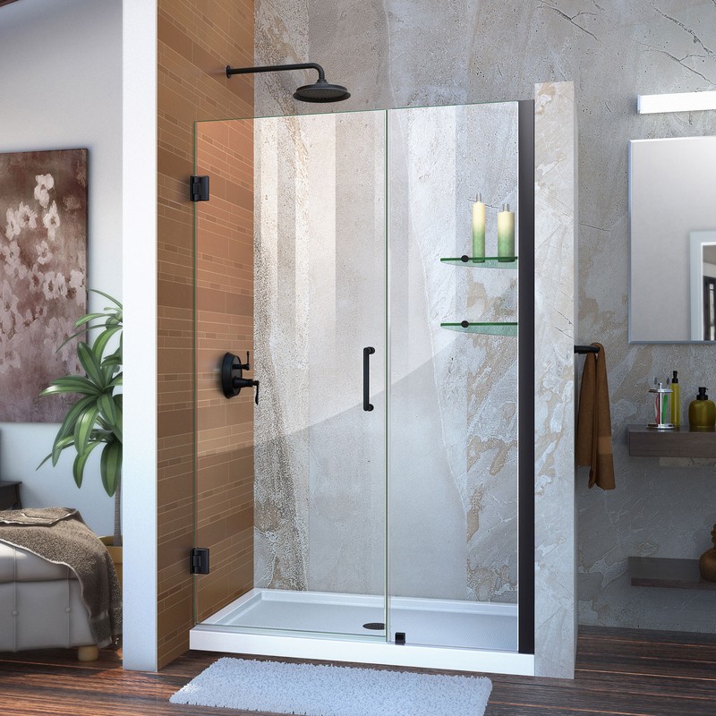 Unidoor 43 to 44" Frameless Hinged Shower Door, Clear 3/8" Glass Door, Oil Rubbed Bronze