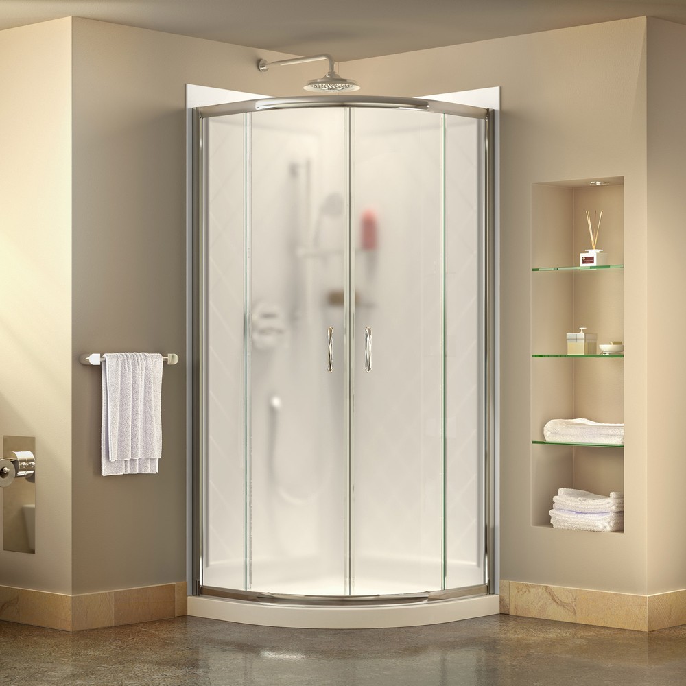 Prime 31 3/8" by 31 3/8" Frameless Sliding Shower Enclosure, Base & QWALL-4 Shower Backwall Kit