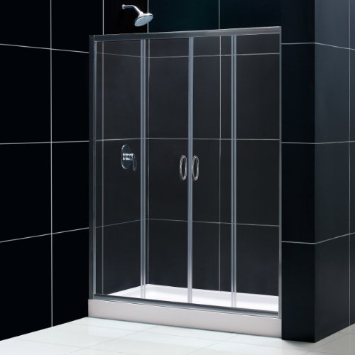 Visions Frameless Sliding Shower Door, 32" by 60" Shower Base & QWALL-5 Shower Backwall Kit