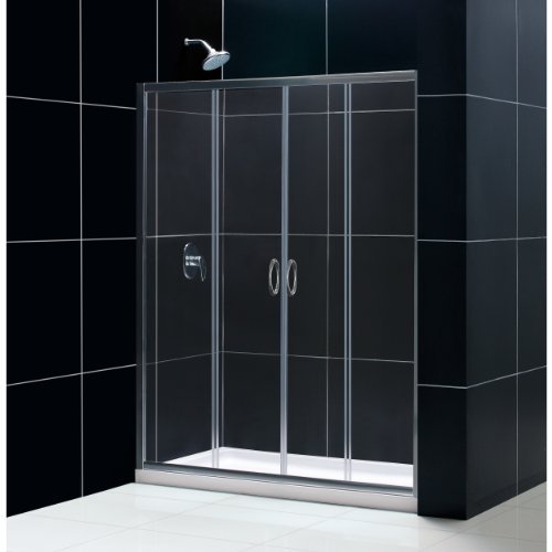 Visions Frameless Sliding Shower Door, 34" by 60" Shower Base & QWALL-5 Shower Backwall Kit