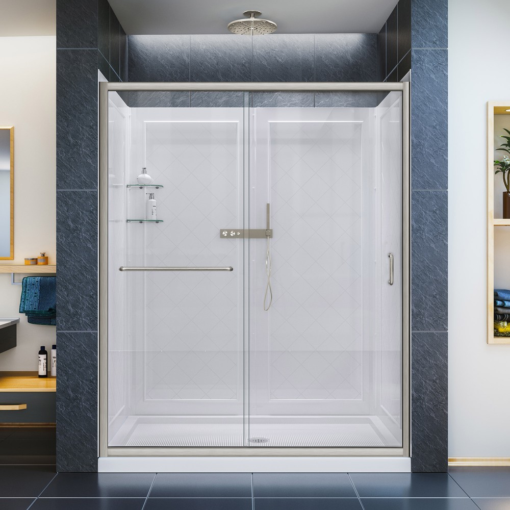 Infinity-Z Frameless Sliding Shower Door, 30" by 60" Shower Base & QWALL-5 Shower Backwall