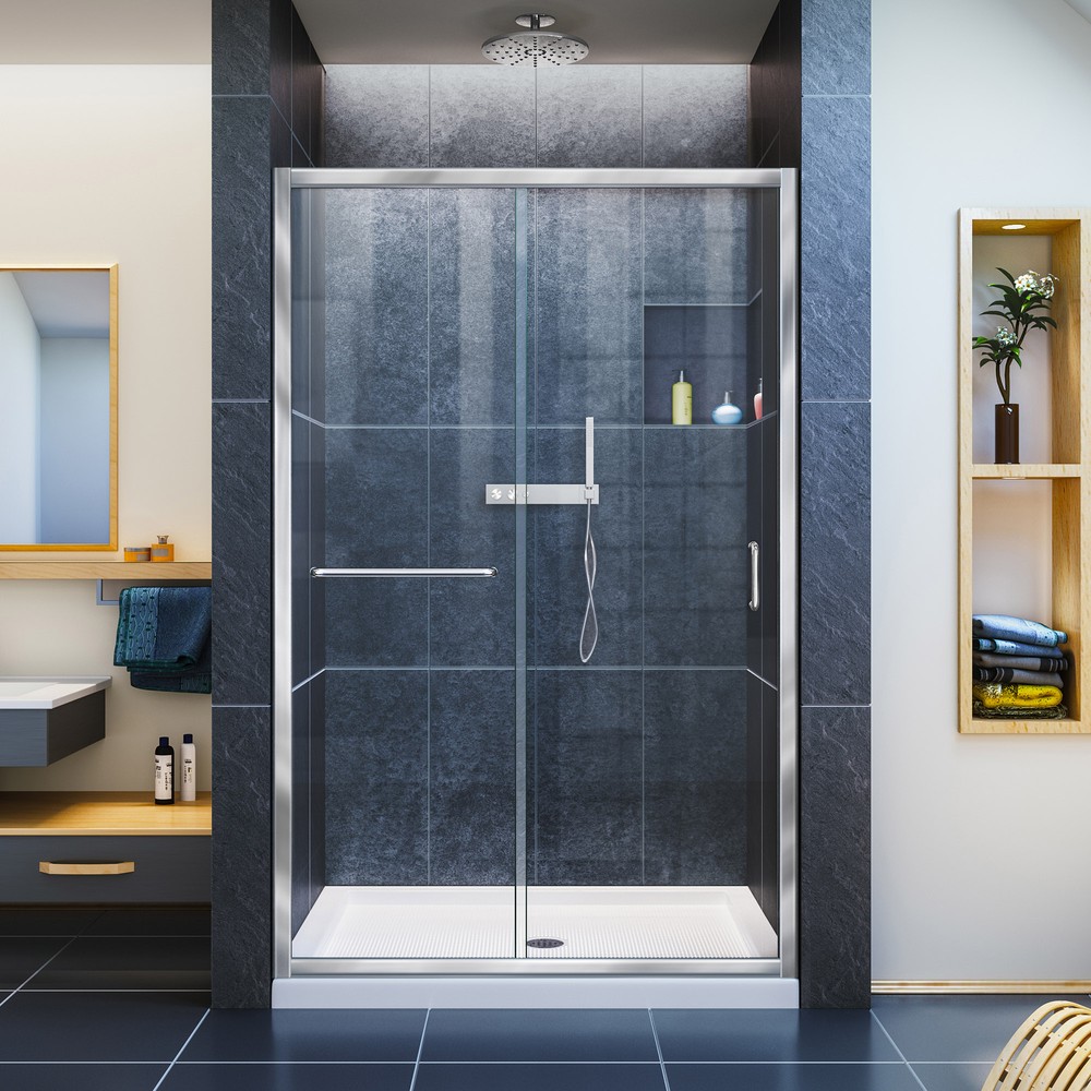 Infinity-Z Frameless Sliding Shower Door, 36" by 60" Shower Base & QWALL-5 Shower Backwall