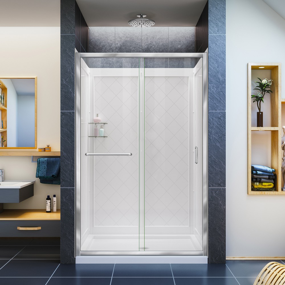 Infinity-Z Frameless Sliding Shower Door, 30" by 60" Shower Base & QWALL-5 Shower Backwall