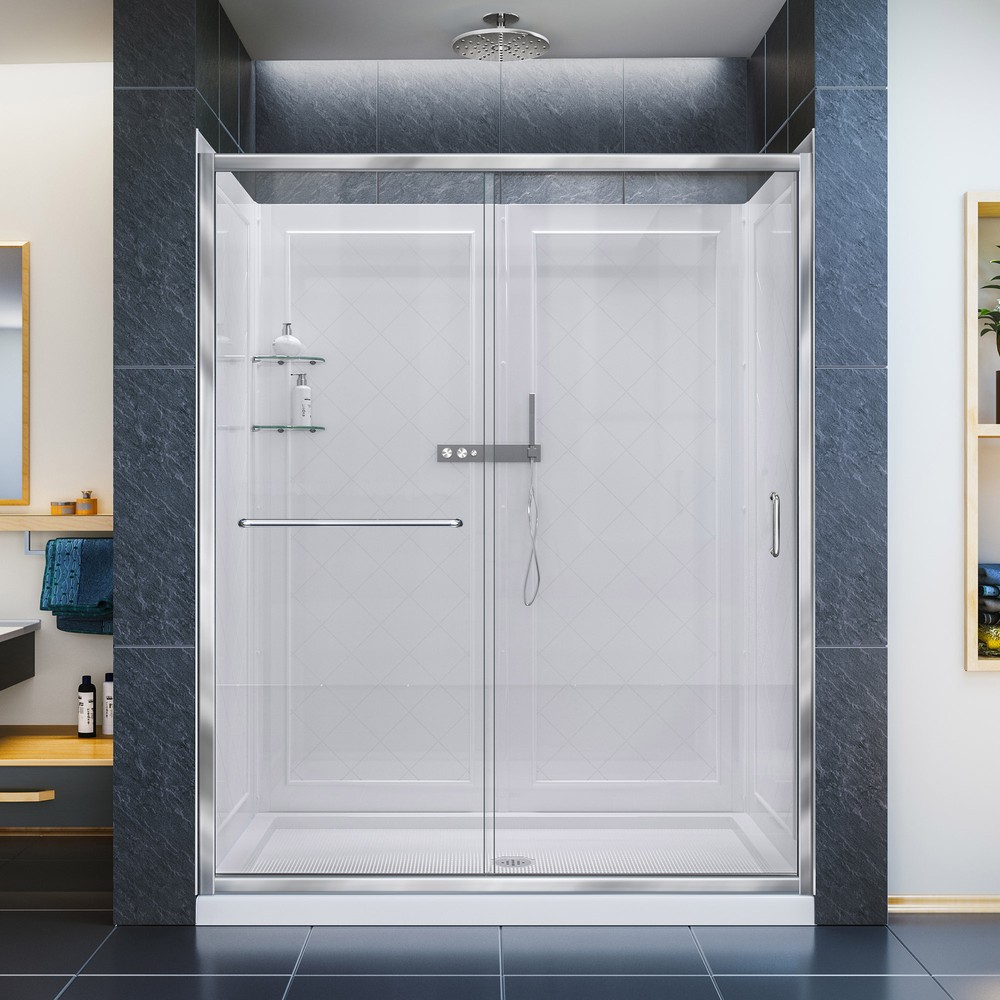 Infinity-Z Frameless Sliding Shower Door, 30" by 60" Shower Base & QWALL-5 Shower Backwall