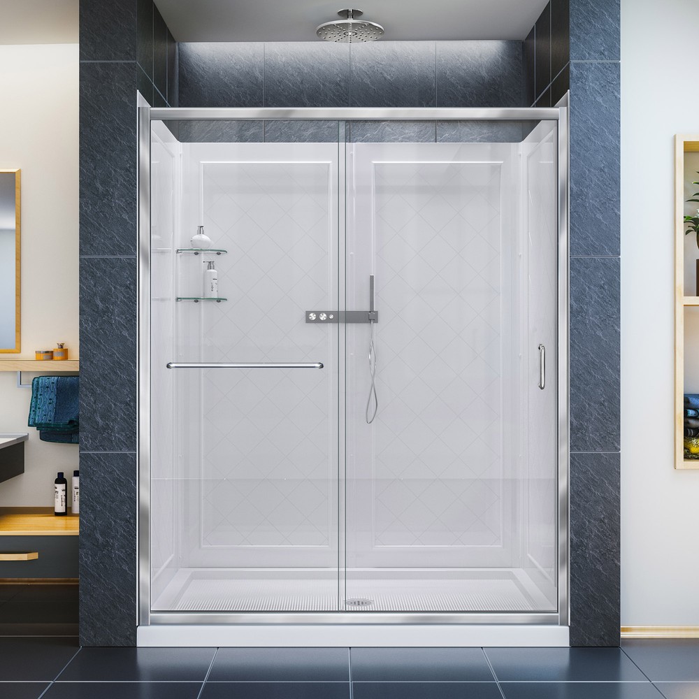 Infinity-Z Frameless Sliding Shower Door, 34" by 60" Shower Base & QWALL-5 Shower Backwall