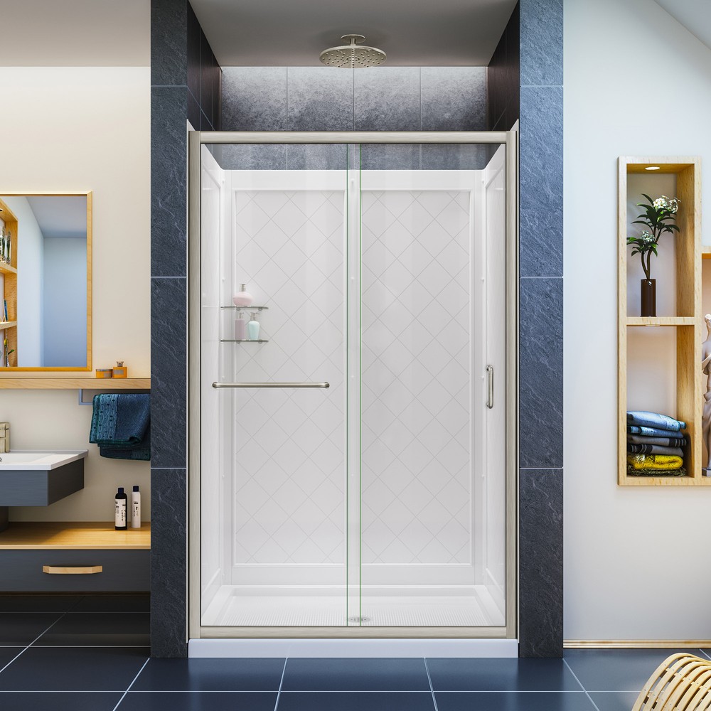 Infinity-Z Frameless Sliding Shower Door, 36" by 48" Shower Base & QWALL-5 Shower Backwall
