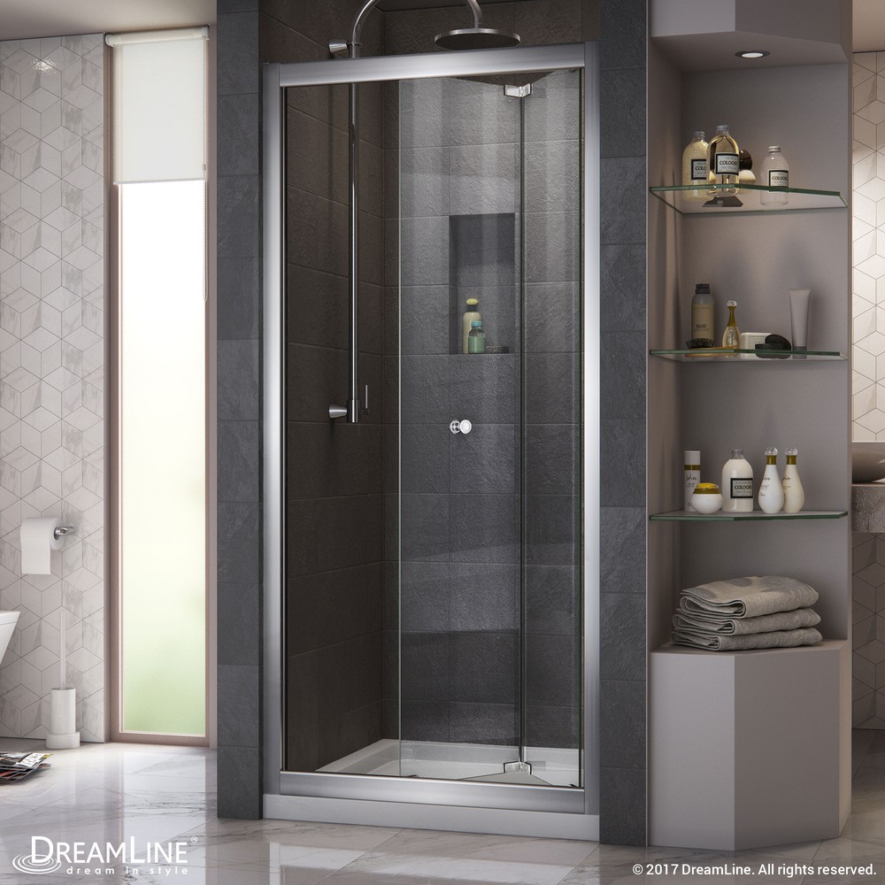 Butterfly Frameless Bi-Fold Shower Door and SlimLine 32"x32" Shower Base