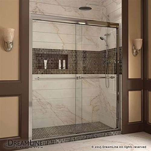 Duet Frameless Bypass Sliding Shower Door & SlimLine 34" by 60" Shower Base