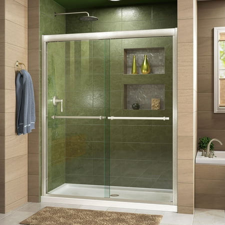 Duet Frameless Bypass Sliding Shower Door & SlimLine 34" by 60" Shower Base