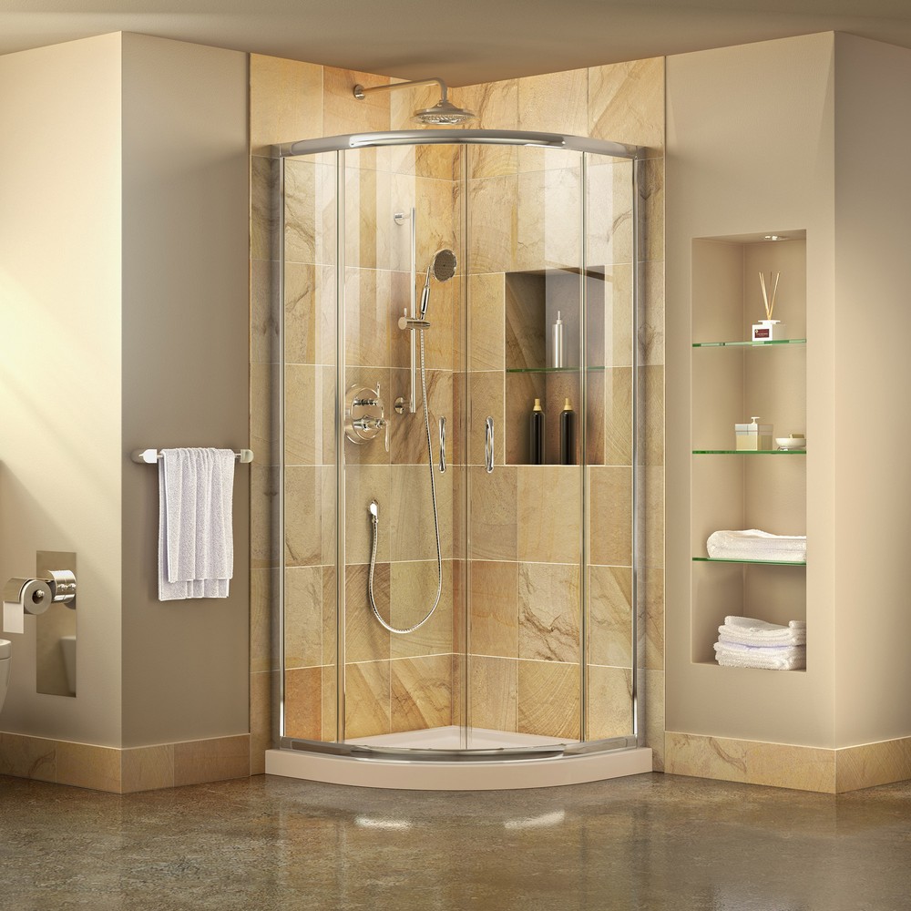 Prime Frameless Sliding Shower Enclosure & SlimLine 36" by 36" Quarter Round Shower Floor