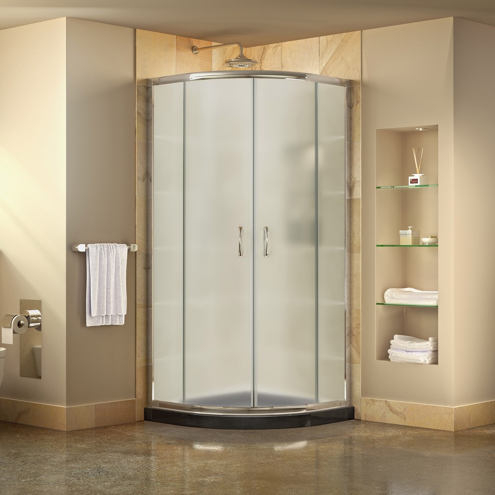 Prime Frameless Sliding Shower Enclosure & SlimLine 33" by 33" Quarter Round Shower Base