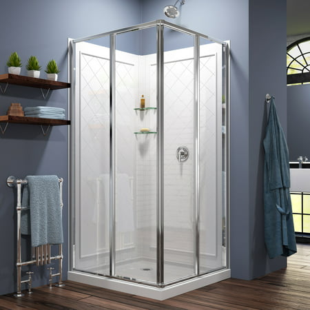 Cornerview Framed Sliding Shower Enclosure, 36" x 36" Double Threshold Shower Base, QWALL-4 Shower Backwall