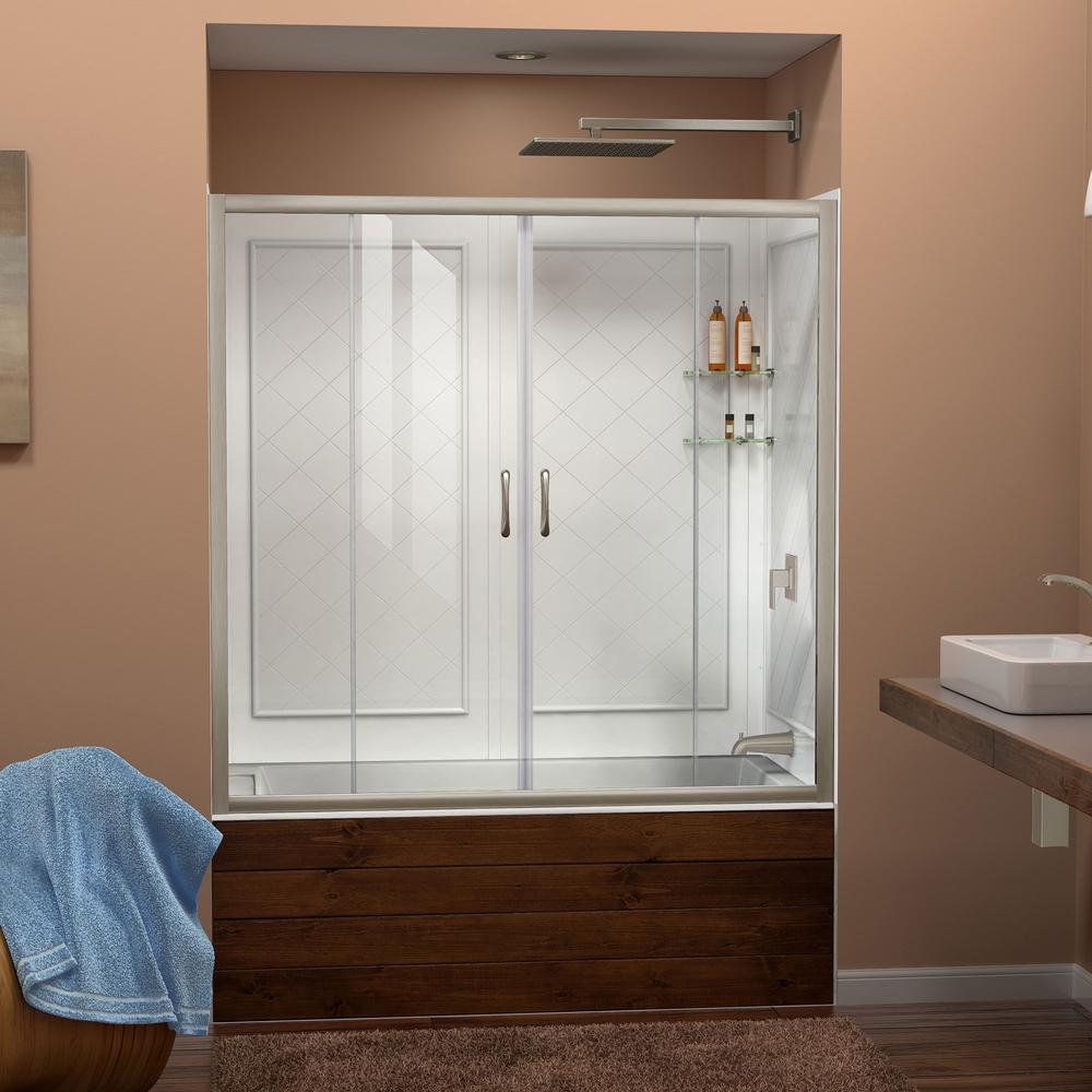 DreamLine Visions 56-60 in. W x 60 in. H Framed Sliding Tub Door in Brushed Nickel with White Acrylic Backwall Kit