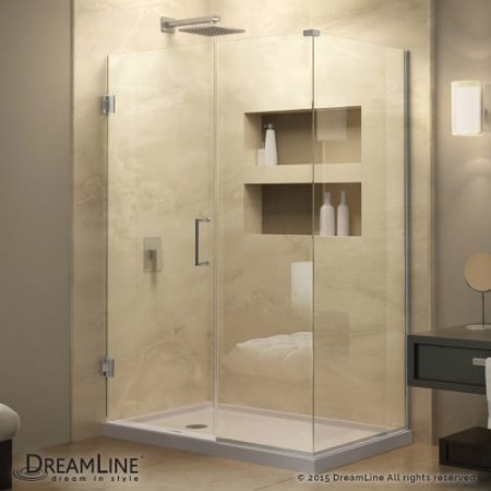 DreamLine Unidoor Plus 54 1/2 in. W x 30 3/8 in. D x 72 in. H Frameless Hinged Shower Enclosure, Clear Glass, Chrome