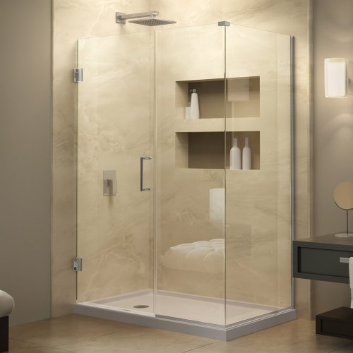 DreamLine Unidoor Plus 54 1/2 in. W x 34 3/8 in. D x 72 in. H Frameless Hinged Shower Enclosure, Clear Glass, Chrome