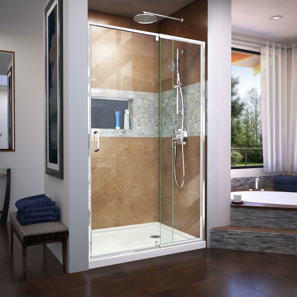 Flex 32"W x 32"D x 76.75"H Frameless Shower Door, Backwall and Base Kit, Chrome Finish Hardware