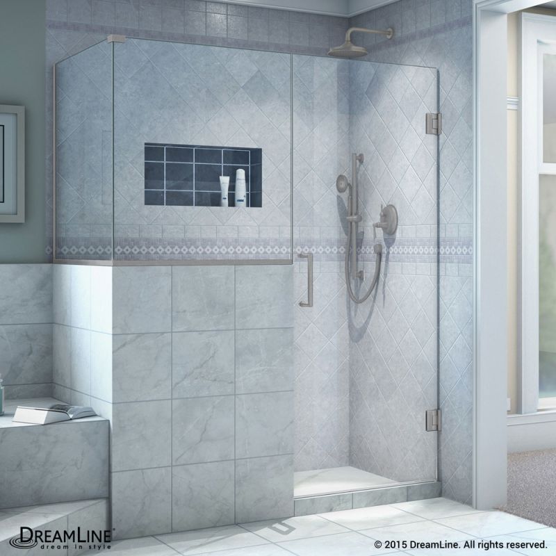 DreamLine Unidoor Plus 54 in. W x 30 3/8 in. D x 72 in. H Frameless Hinged Shower Enclosure, Clear Glass, Brushed Nickel