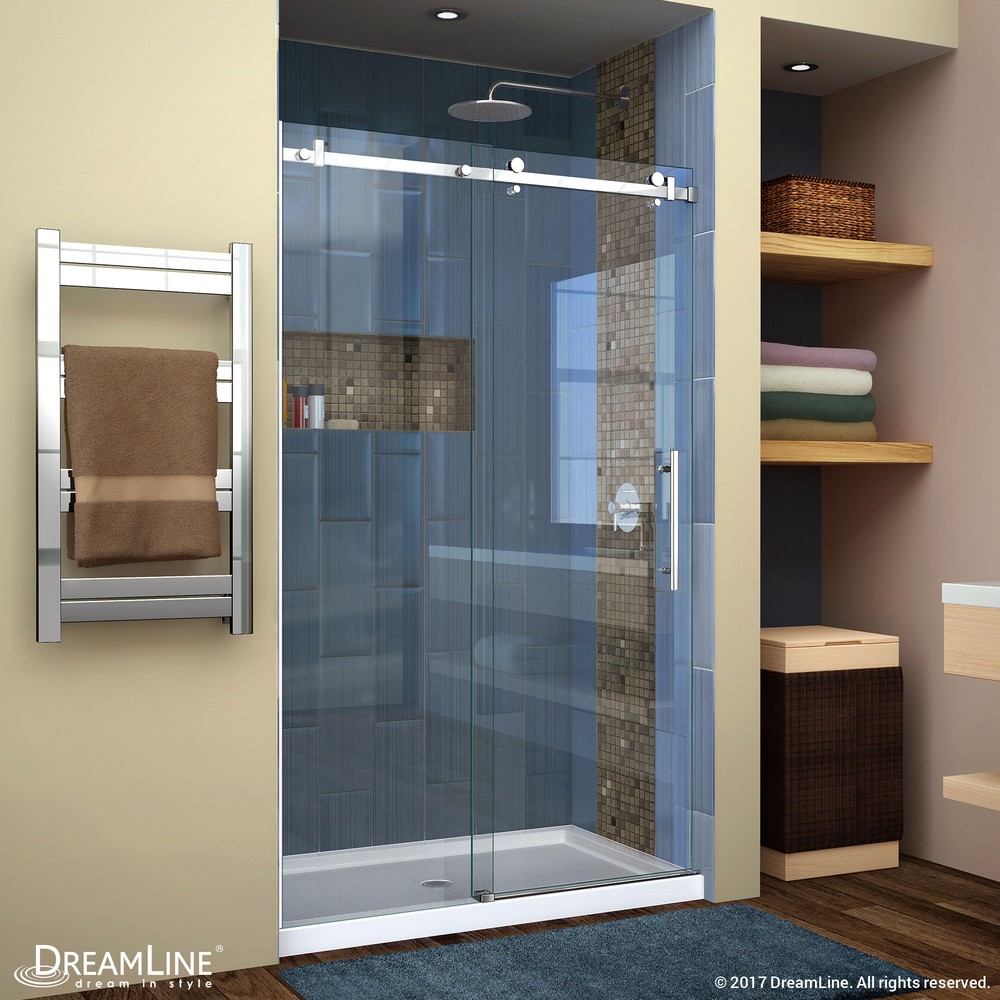 DreamLine Enigma Air 34 3/4 in. D x 48 3/8 in. W x 76 in. H Frameless Sliding Shower Enclosure in Brushed Stainless Steel