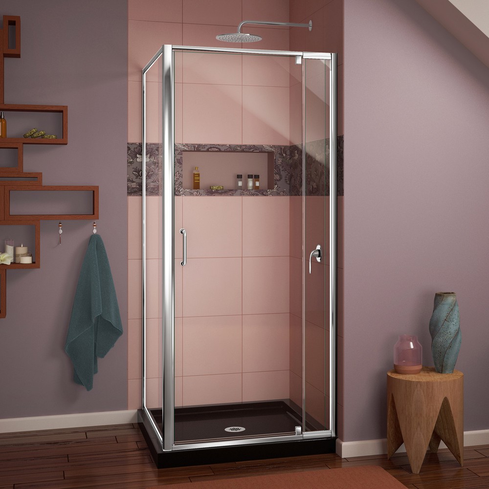 DreamLine Flex 36 in. x 36 in. Semi-Frameless Pivot Shower Enclosure in Chrome with Corner Drain Biscuit Base Kit