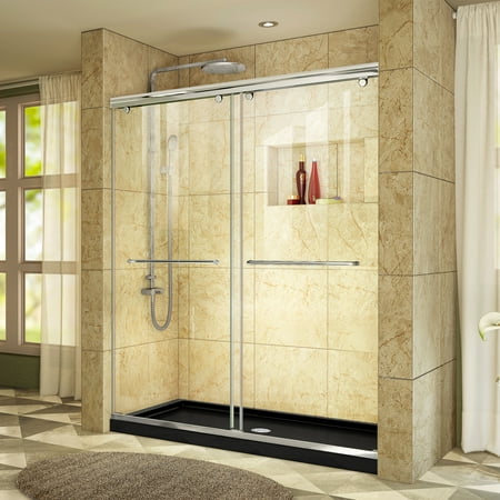 DreamLine Charisma 30 in. D x 60 in. W x 78 3/4 in. H Bypass Shower Door in Chrome with Center Drain Black Base Kit