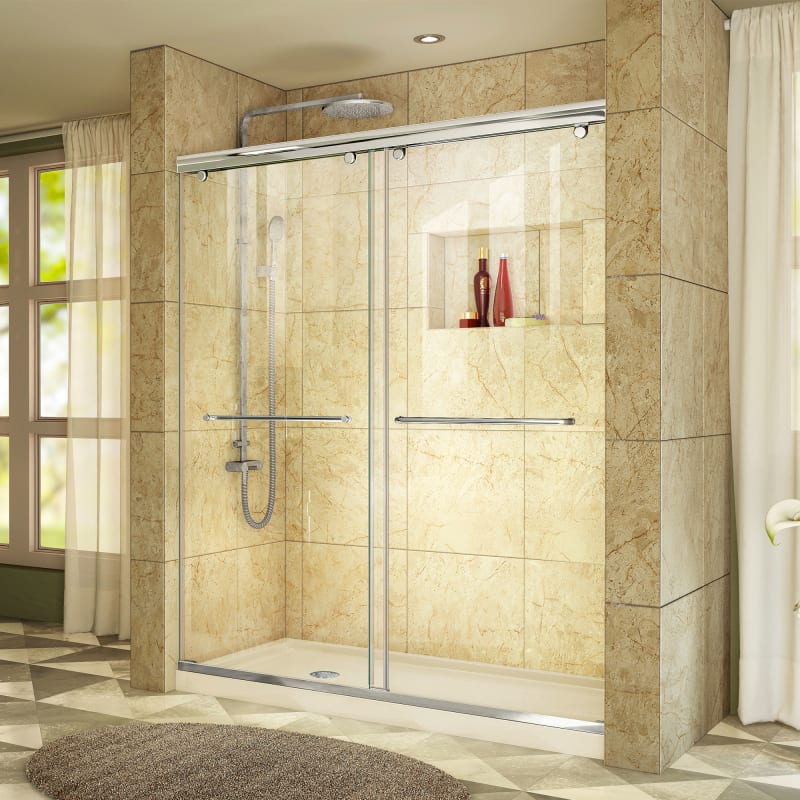 DreamLine Charisma 30 in. D x 60 in. W x 78 3/4 in. H Bypass Shower Door in Chrome with Left Drain Biscuit Base Kit