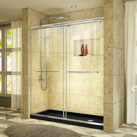 DreamLine Charisma 32 in. D x 60 in. W x 78 3/4 in. H Bypass Shower Door in Chrome with Right Drain Black Base Kit