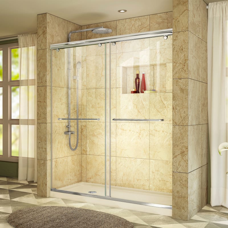 DreamLine Charisma 36 in. D x 60 in. W x 78 3/4 in. H Bypass Shower Door in Chrome with Left Drain Biscuit Base Kit