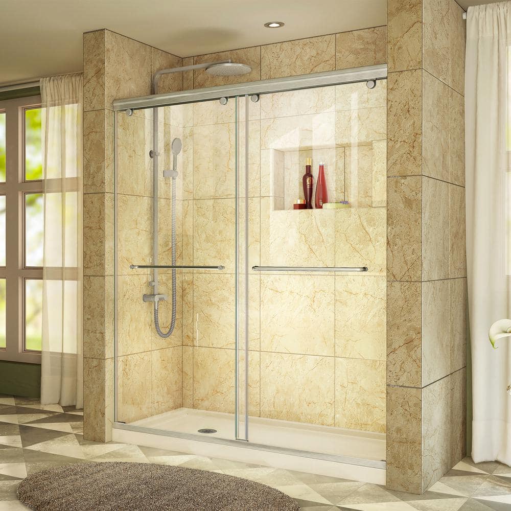 DreamLine Charisma 34 in. D x 60 in. W x 78 3/4 in. H Bypass Shower Door in Brushed Nickel with Left Drain Biscuit Base Kit