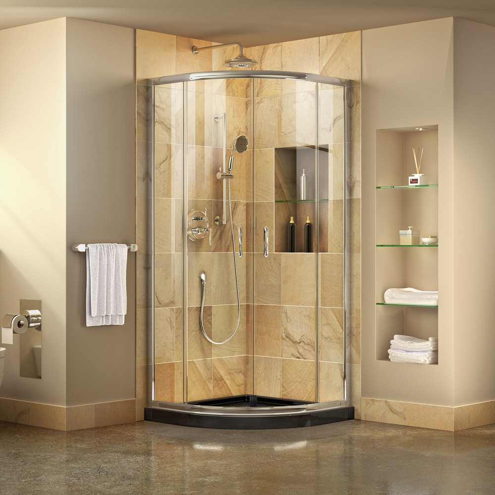 DreamLine Prime 33 in. D x 33 in. W x 74 3/4 in. H Clear Sliding Shower Enclosure in Chrome with Corner Drain Biscuit Base Kit