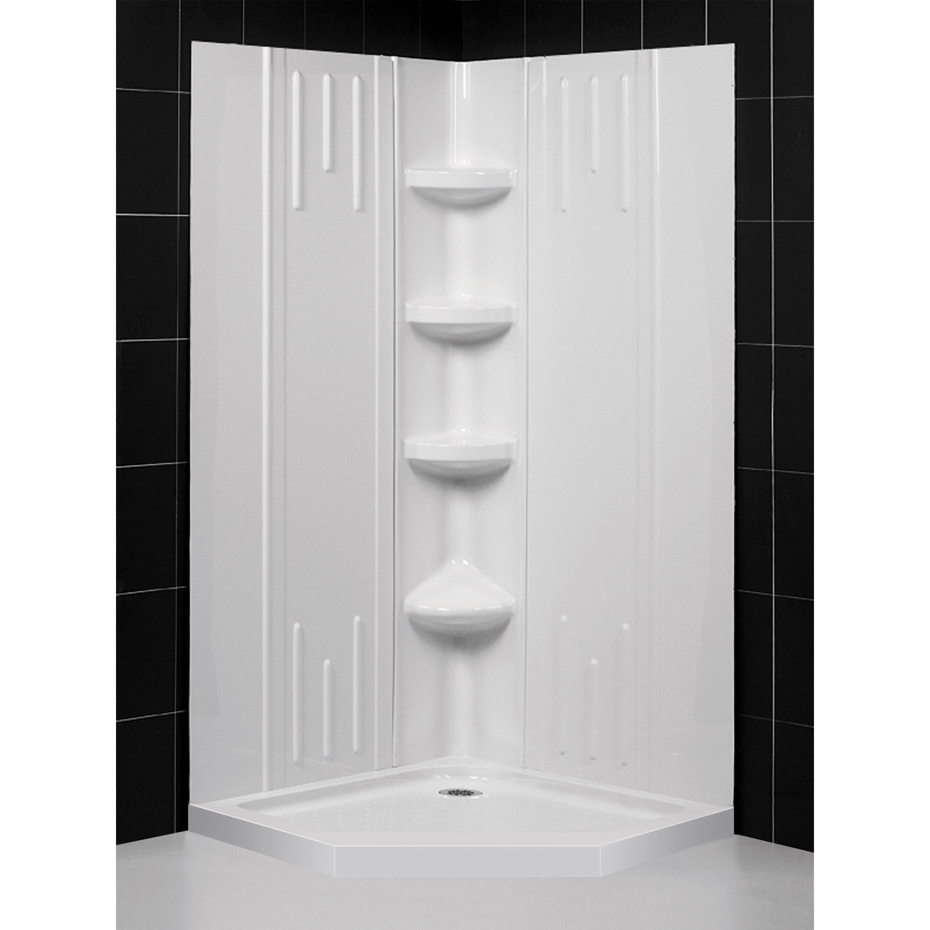 DreamLine 40 in. x 40 in. x 75 5/8 in. H Neo-Angle Shower Base and QWALL-2 Acrylic Corner Backwall Kit in White