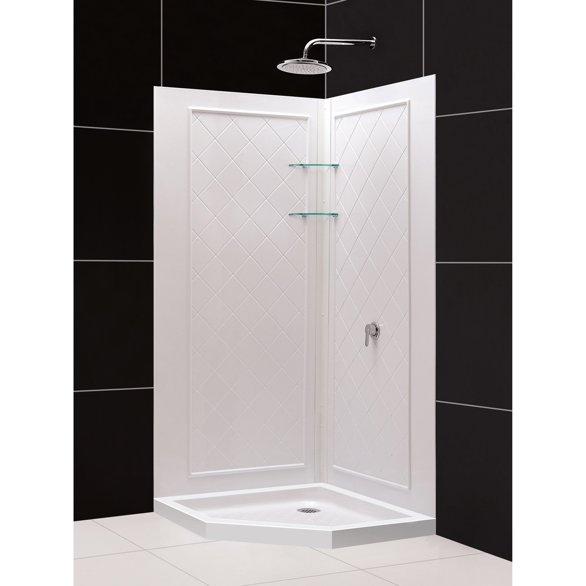 DreamLine 40 in. x 40 in. x 76 3/4 in. H Neo-Angle Shower Base and QWALL-4 Acrylic Corner Backwall Kit in White