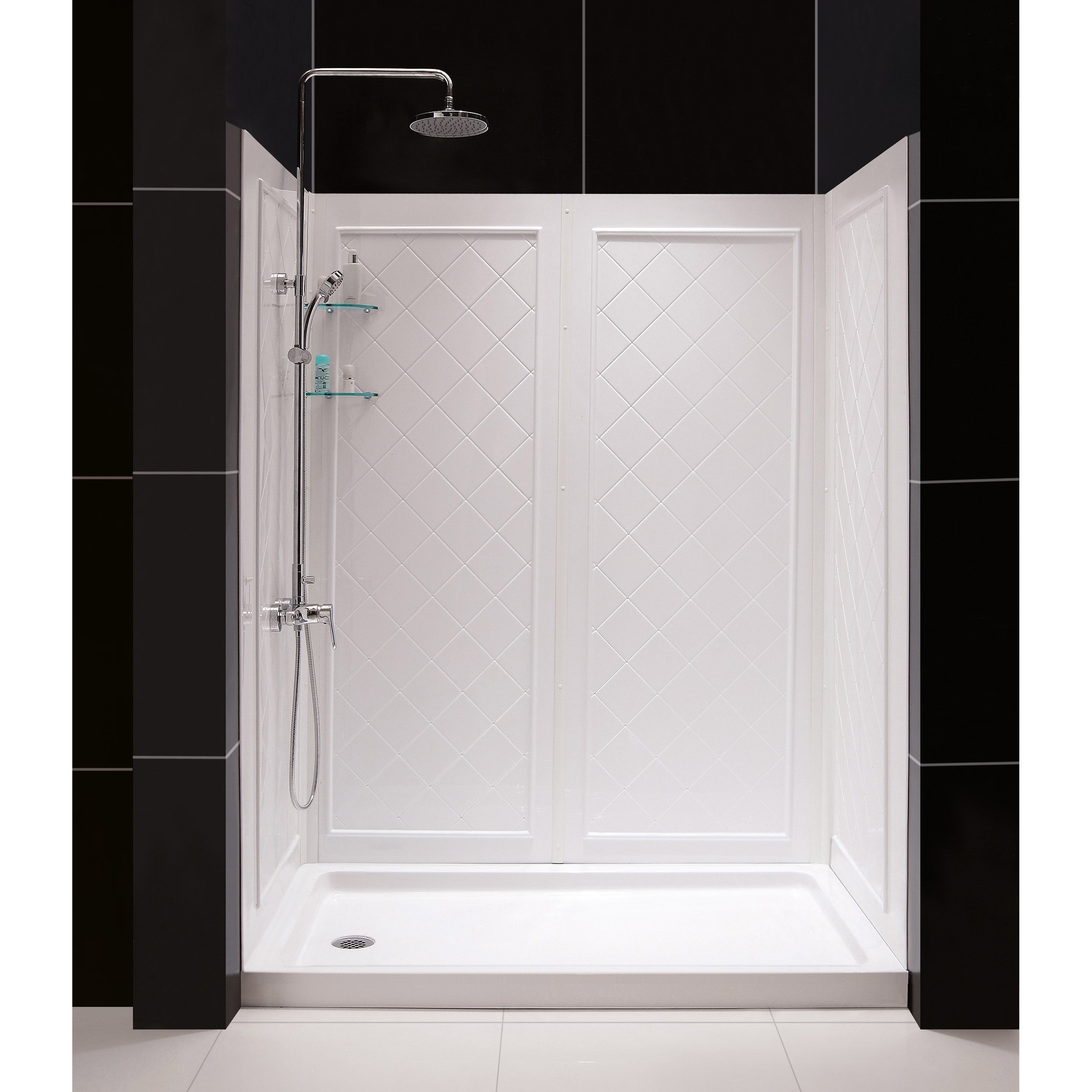 DreamLine 42 in. x 42 in. x 76 3/4 in. H Neo-Angle Shower Base and QWALL-4 Acrylic Corner Backwall Kit in White