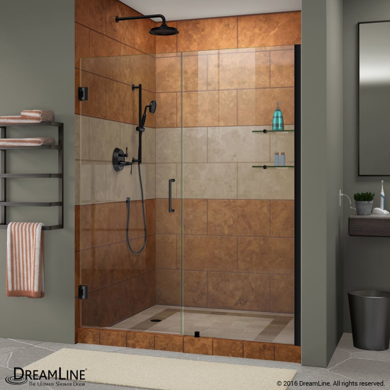 DreamLine Unidoor 47-48 in. W x 72 in. H Frameless Hinged Shower Door with Shelves in Satin Black