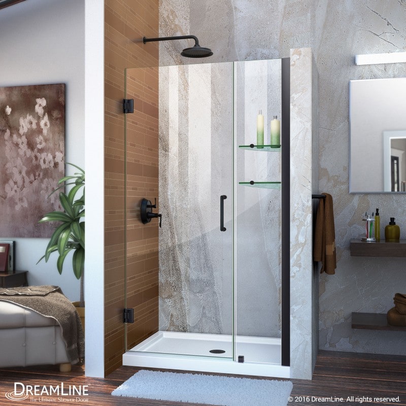 DreamLine Unidoor 36-37 in. W x 72 in. H Frameless Hinged Shower Door with Shelves in Satin Black