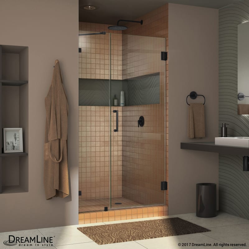 DreamLine Unidoor Lux 40 in. W x 72 in. H Fully Frameless Hinged Shower Door with Support Arm in Satin Black