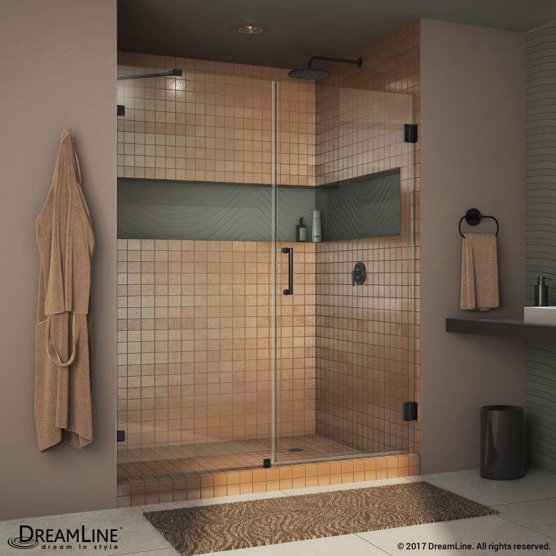 DreamLine Unidoor Lux 45 in. W x 72 in. H Fully Frameless Hinged Shower Door with Support Arm in Satin Black