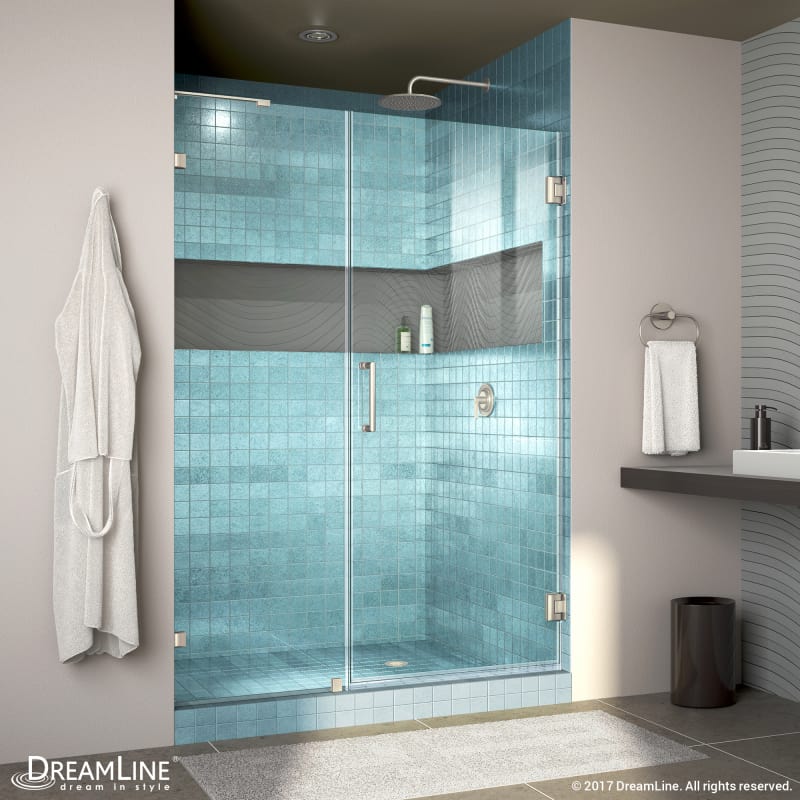 DreamLine Unidoor Lux 45 in. W x 72 in. H Fully Frameless Hinged Shower Door with L-Bar in Brushed Nickel