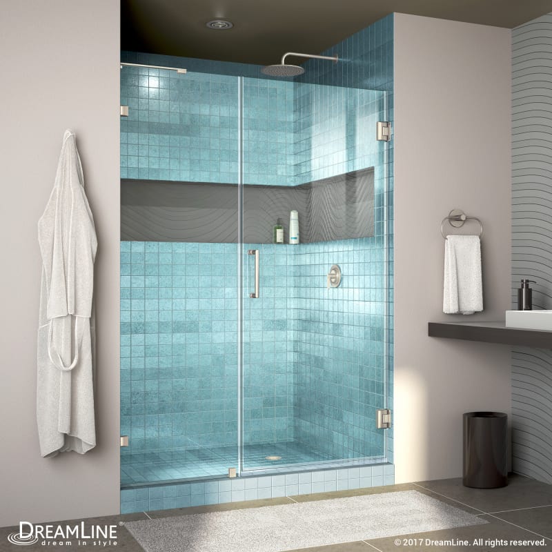 DreamLine Unidoor Lux 46 in. W x 72 in. H Fully Frameless Hinged Shower Door with L-Bar in Brushed Nickel