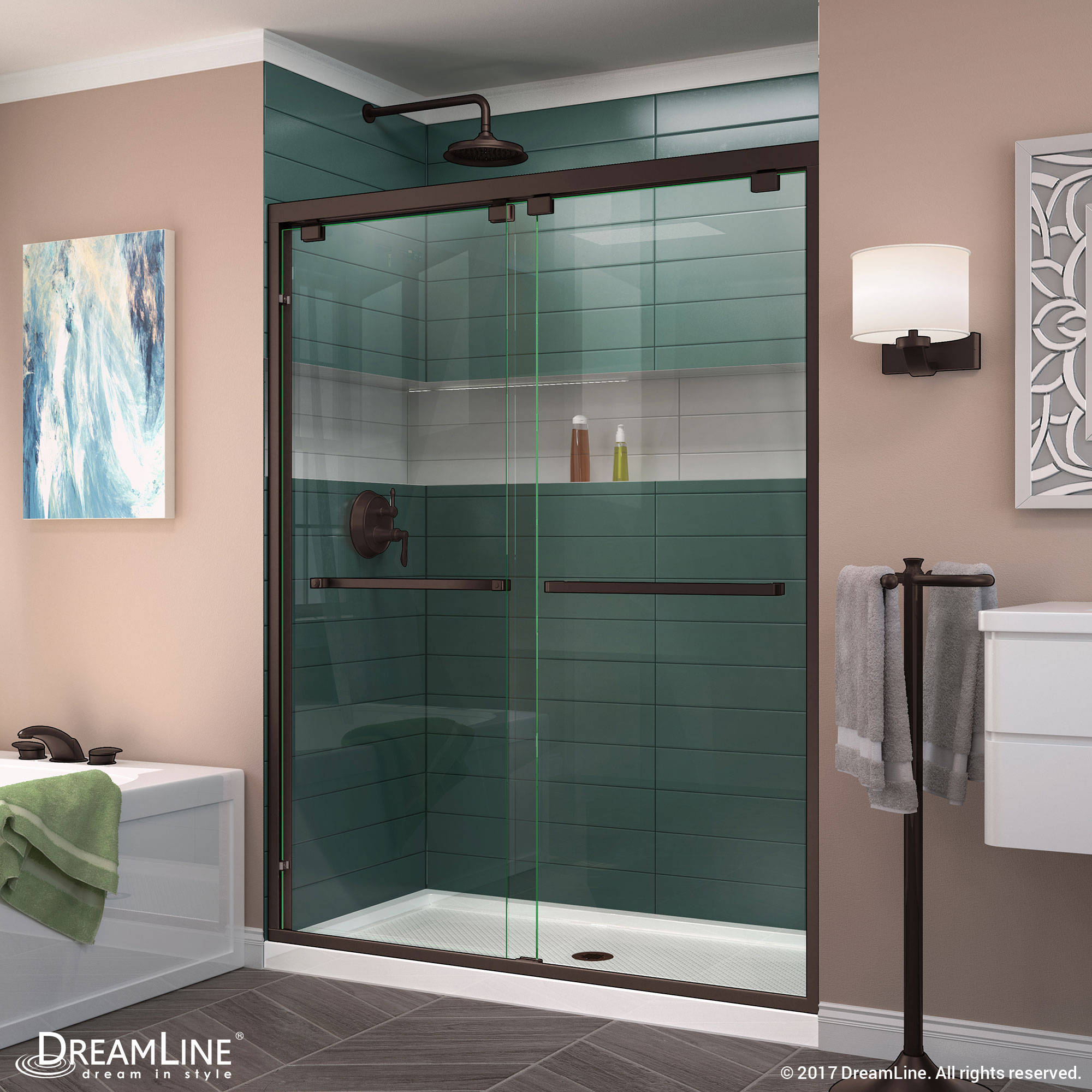 DreamLine Encore 32 in. D x 54 in. W x 78 3/4 in. H Bypass Shower Door in Brushed Nickel and Center Drain White Base Kit