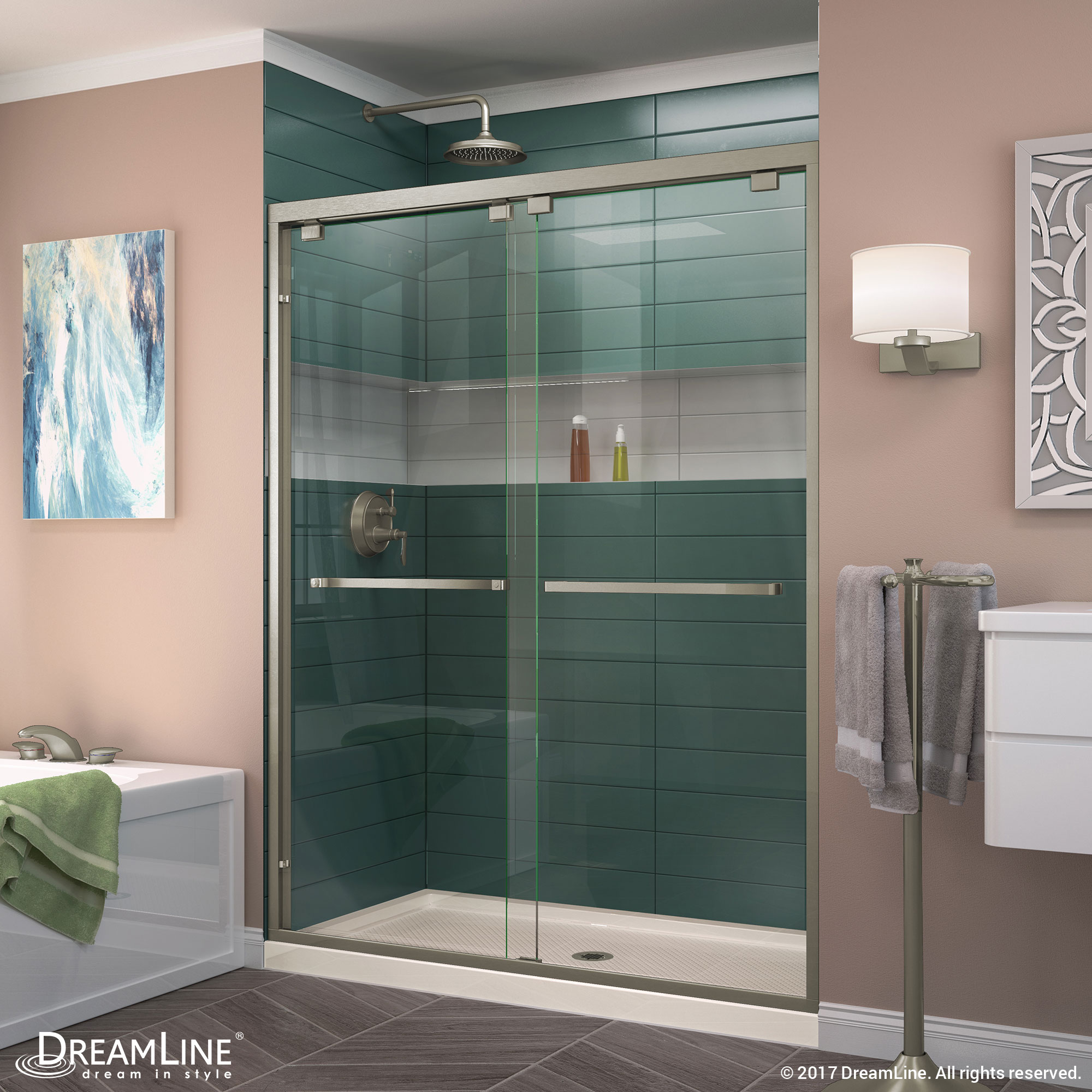 DreamLine Encore 30 in. D x 60 in. W x 78 3/4 in. H Bypass Shower Door in Chrome and Center Drain Biscuit Base Kit