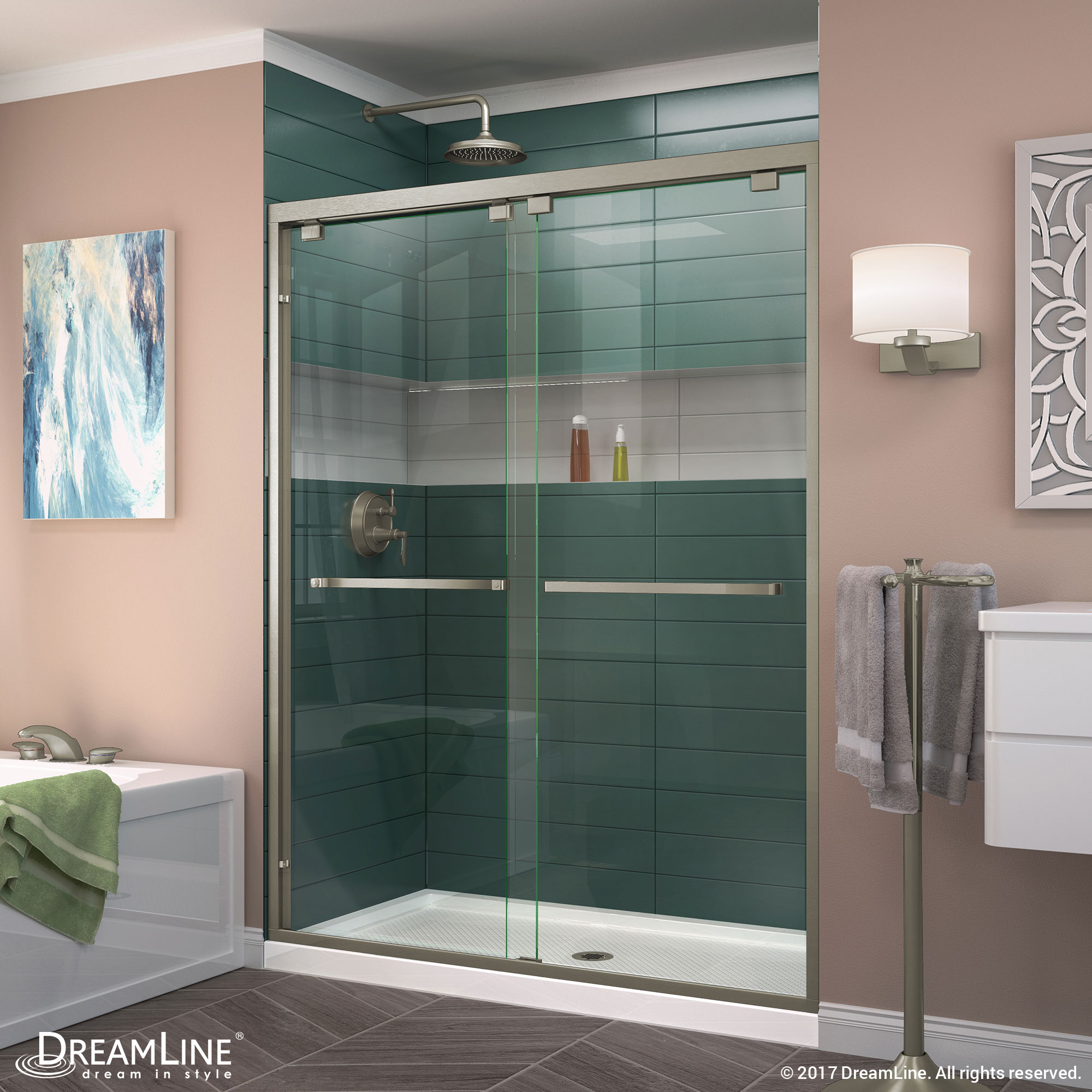 DreamLine Encore 30 in. D x 60 in. W x 78 3/4 in. H Bypass Shower Door in Chrome and Center Drain Black Base Kit