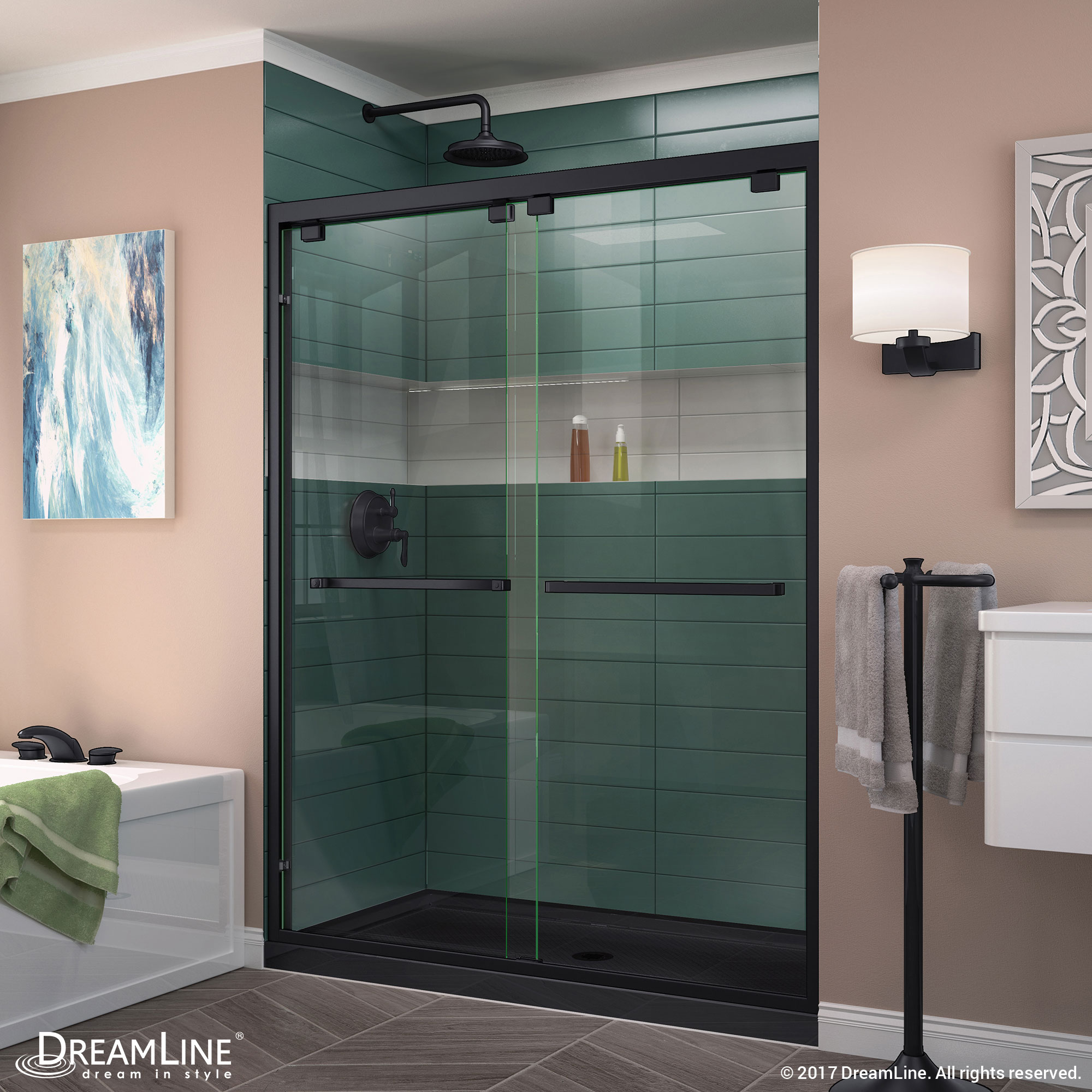 DreamLine Encore 32 in. D x 60 in. W x 78 3/4 in. H Bypass Shower Door in Brushed Nickel and Right Drain White Base Kit